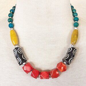 Southwestern Red Coral, Blue Green Azurite, Yellow Chunky Statement Necklace